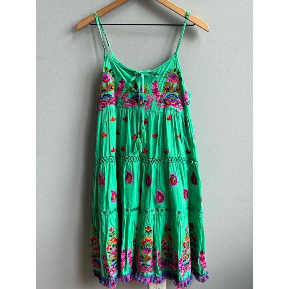 LULA SOUL Green Embroidered Colorful Sun Dress w/ Fringe Pom Poms Size XS